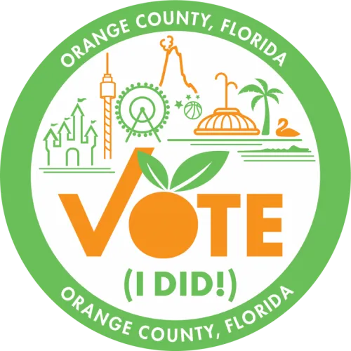 Vote sticker with Orange County landmarks and "Orange County, Florida" around the green edge.